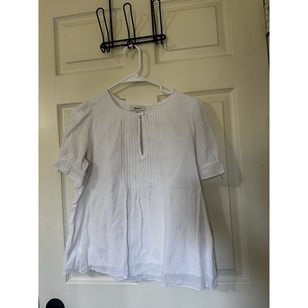 Women's Lace Blouse Madewell Short Sleeve Small White Pleated Lightweight TSITP